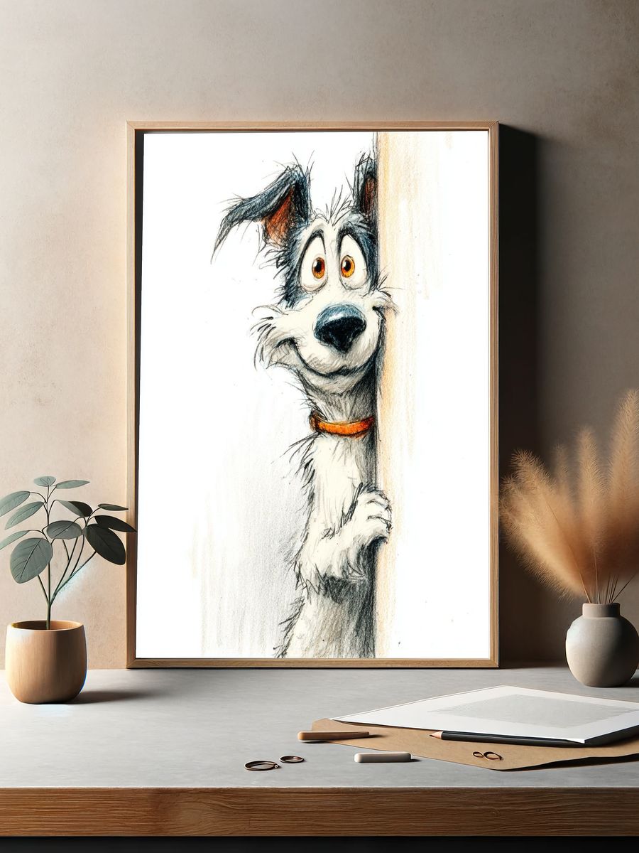 Playful Dog Portrait Illustration Poster. — room view 2