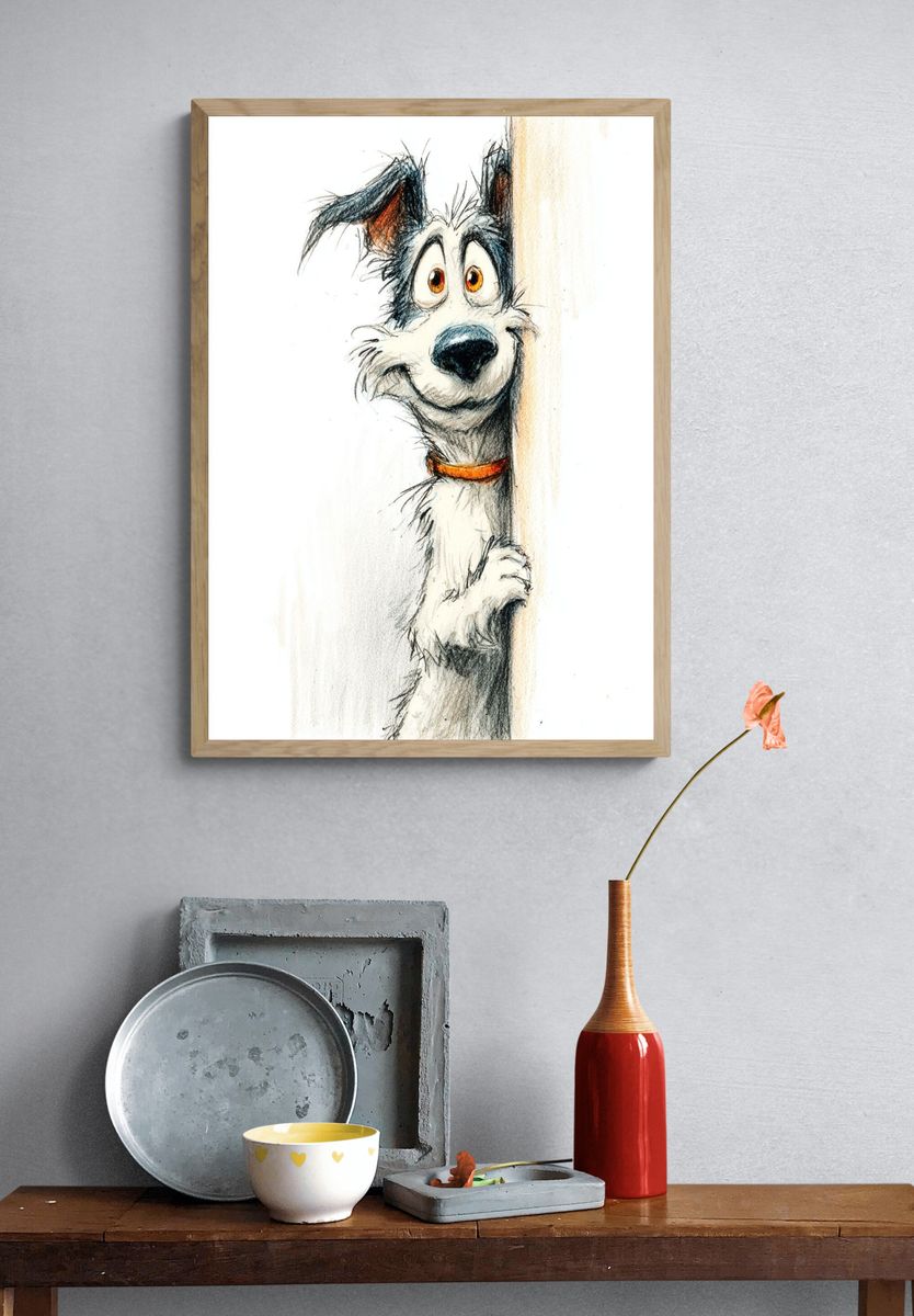 Playful Dog Portrait Illustration Poster. — room view 3