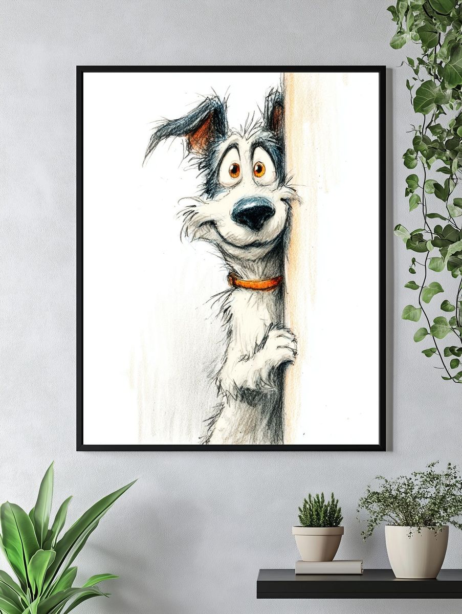 Playful Dog Portrait Illustration Poster. — room view 4