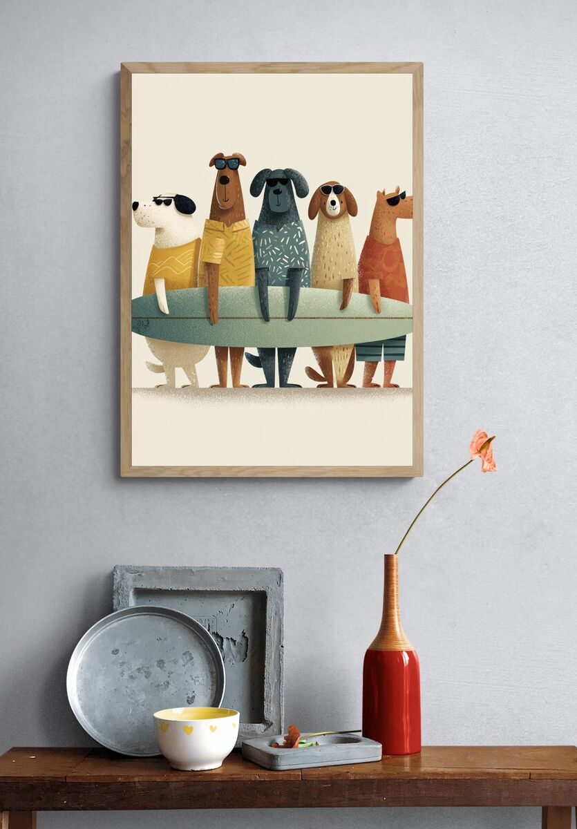 Surfing Dogs — Cartoon Print. — room view 3