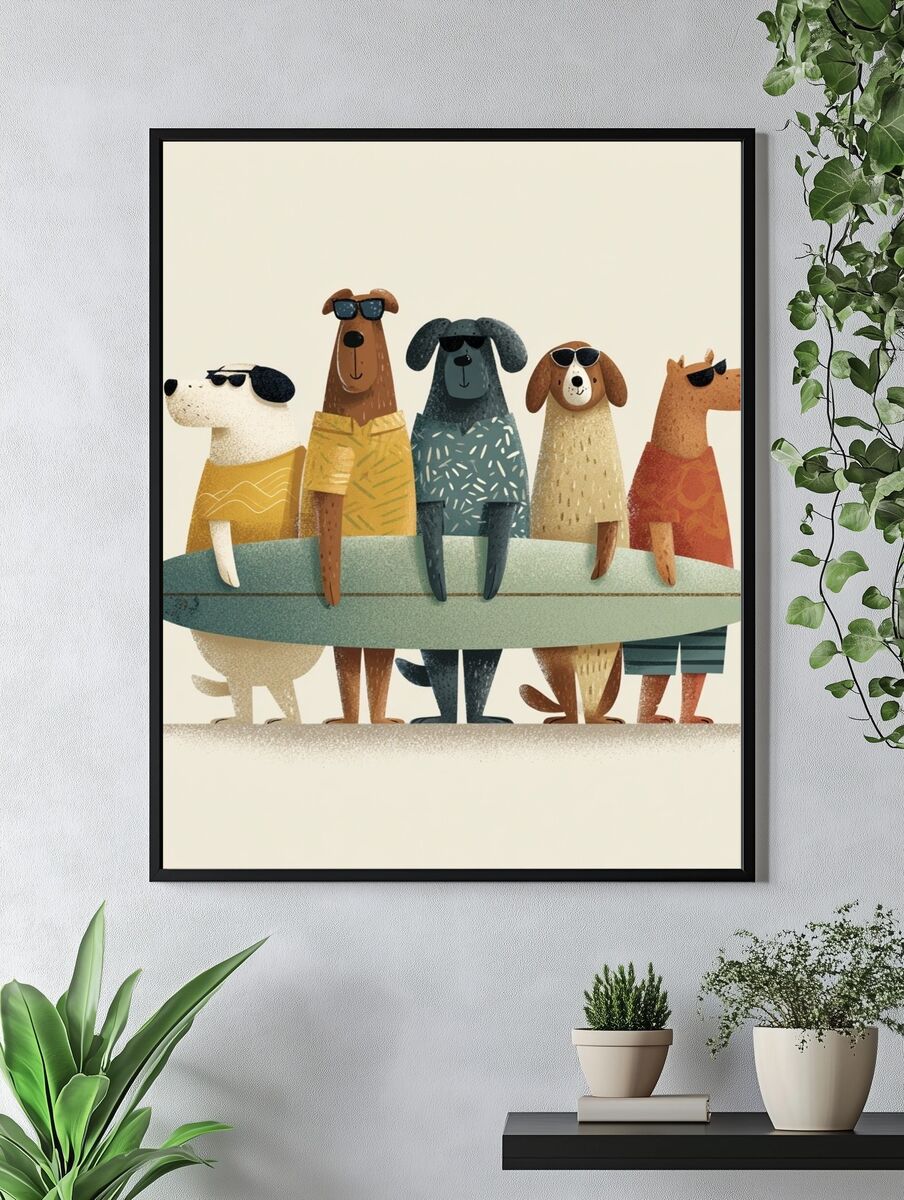 Surfing Dogs — Cartoon Print. — room view 4