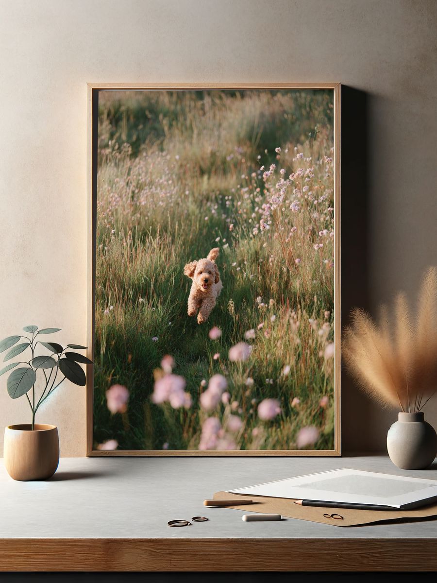 Happy Dog Running in a Field — Photography Print. — room view 2