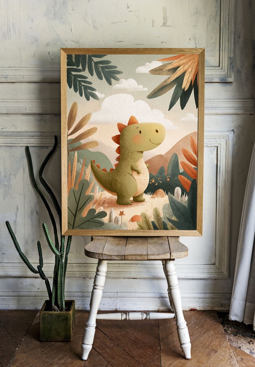 Cute Dinosaur in Nature — Kids Print. — room view 1