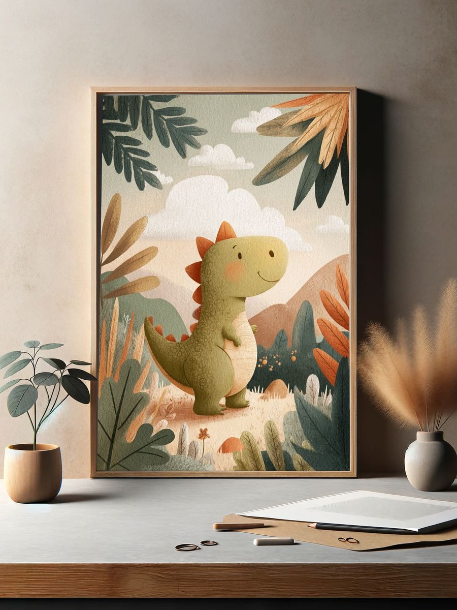 Cute Dinosaur in Nature — Kids Print. — room view 2