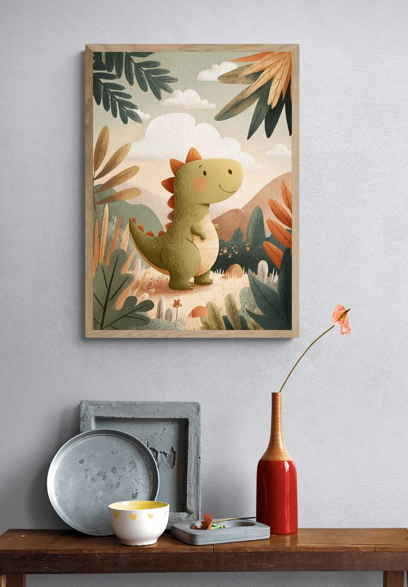 Cute Dinosaur in Nature — Kids Print. — room view 3