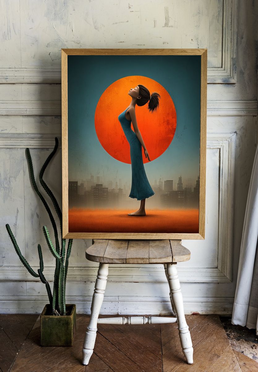 Woman Silhouette at Sunset — Digital Art Print. — room view 1