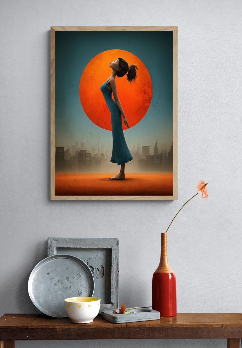 Woman Silhouette at Sunset — Digital Art Print. — room view 3