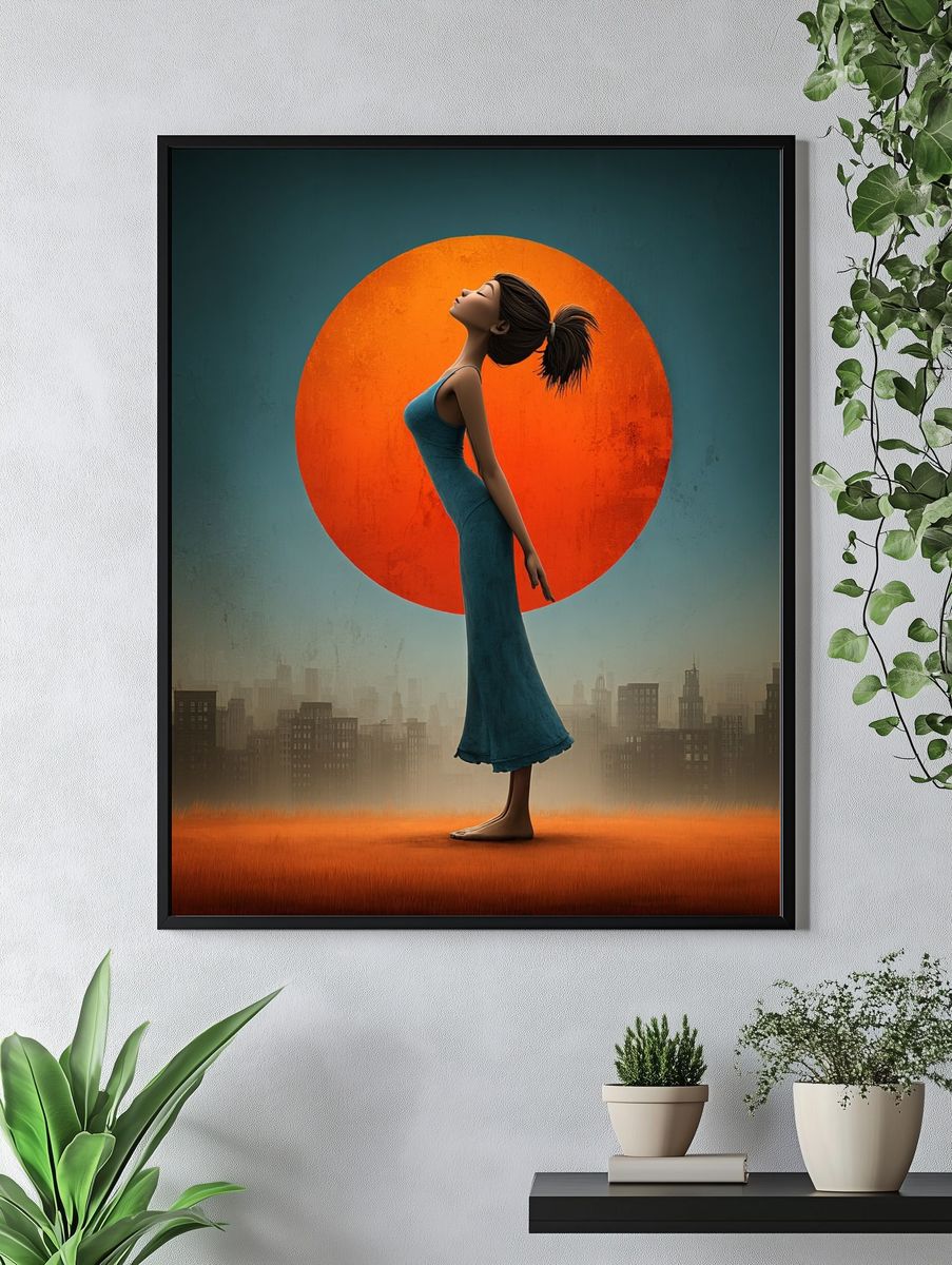 Woman Silhouette at Sunset — Digital Art Print. — room view 4