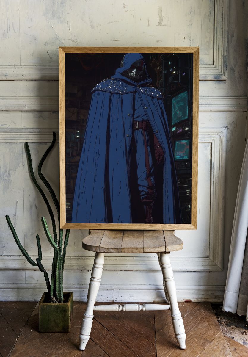 Mysterious Figure in Blue Cloak — Digital Art Print. — room view 1