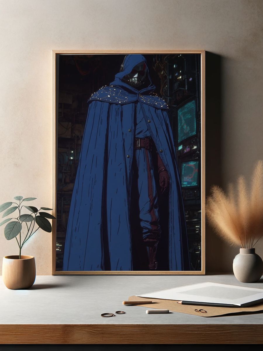 Mysterious Figure in Blue Cloak — Digital Art Print. — room view 2