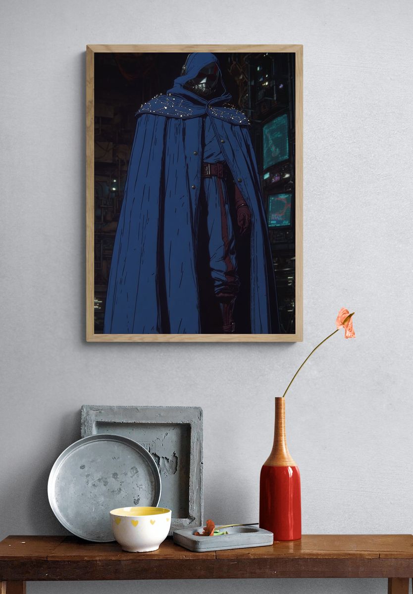 Mysterious Figure in Blue Cloak — Digital Art Print. — room view 3