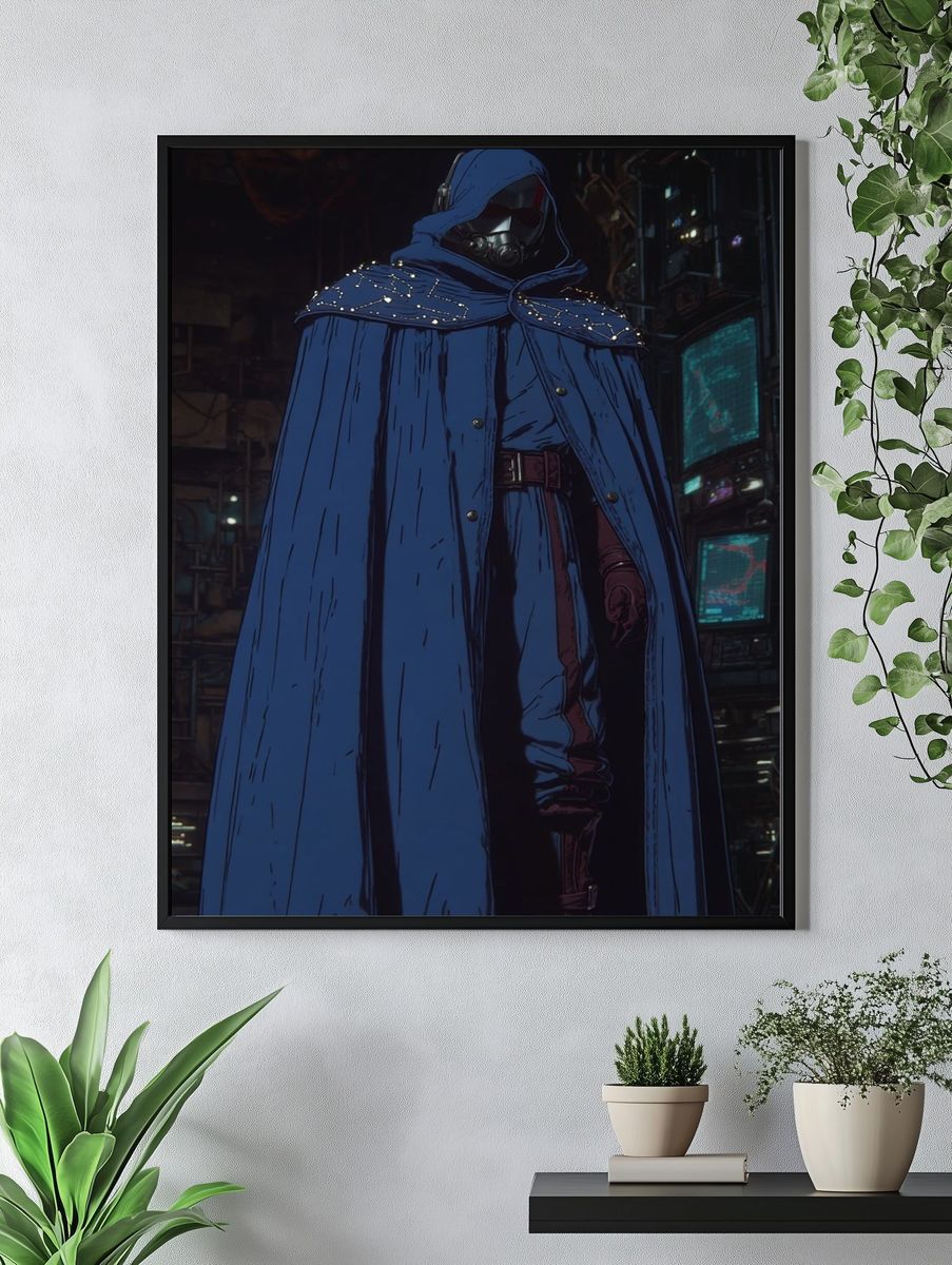 Mysterious Figure in Blue Cloak — Digital Art Print. — room view 4