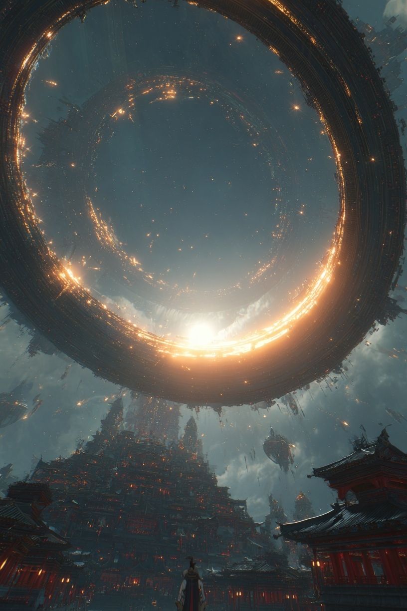 Futuristic Temple with Cosmic Ring — Digital Art Print. poster — illustration art
