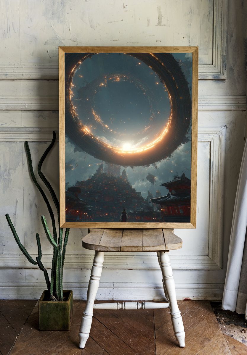 Futuristic Temple with Cosmic Ring — Digital Art Print. — room view 1