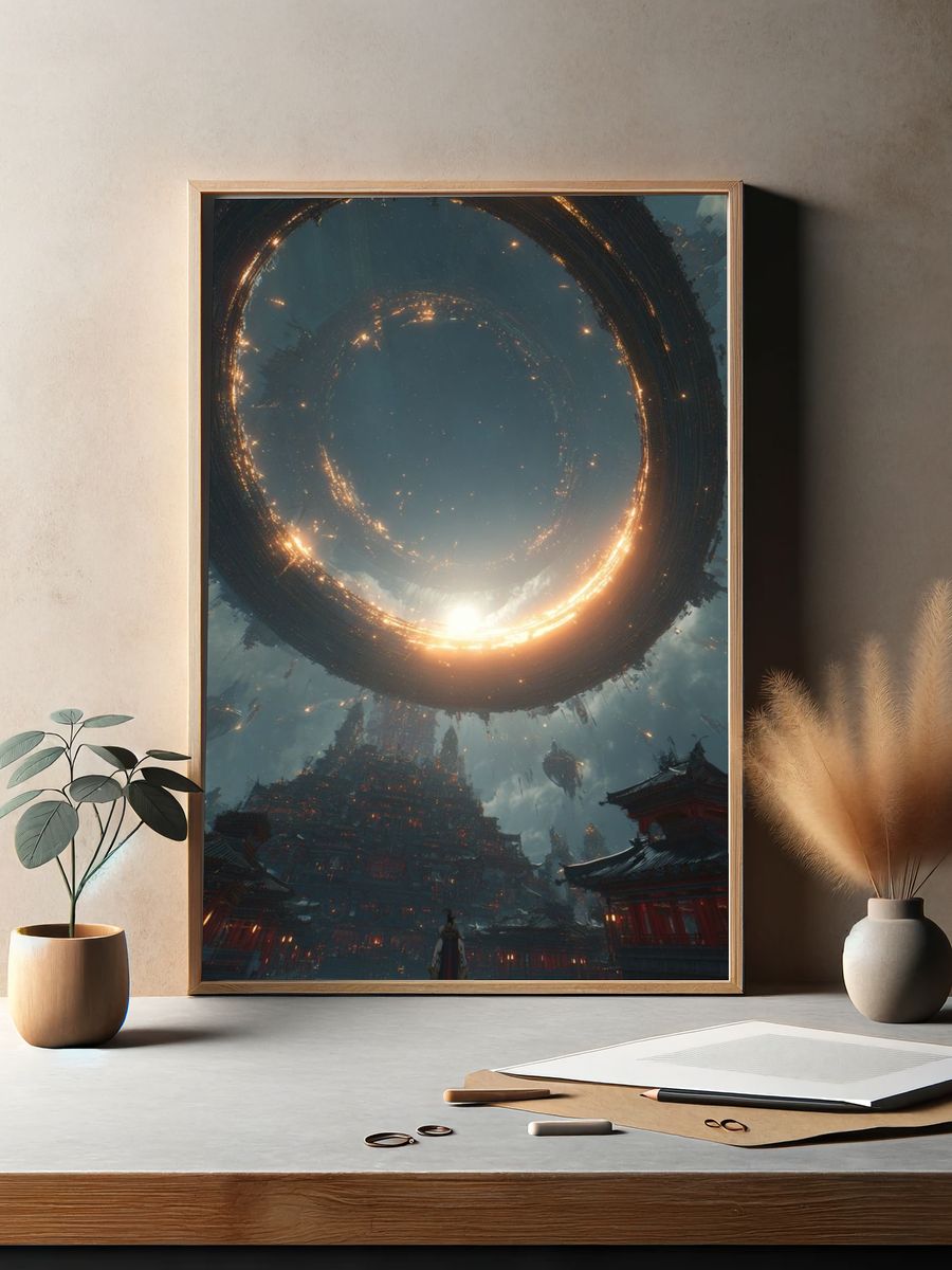 Futuristic Temple with Cosmic Ring — Digital Art Print. — room view 2