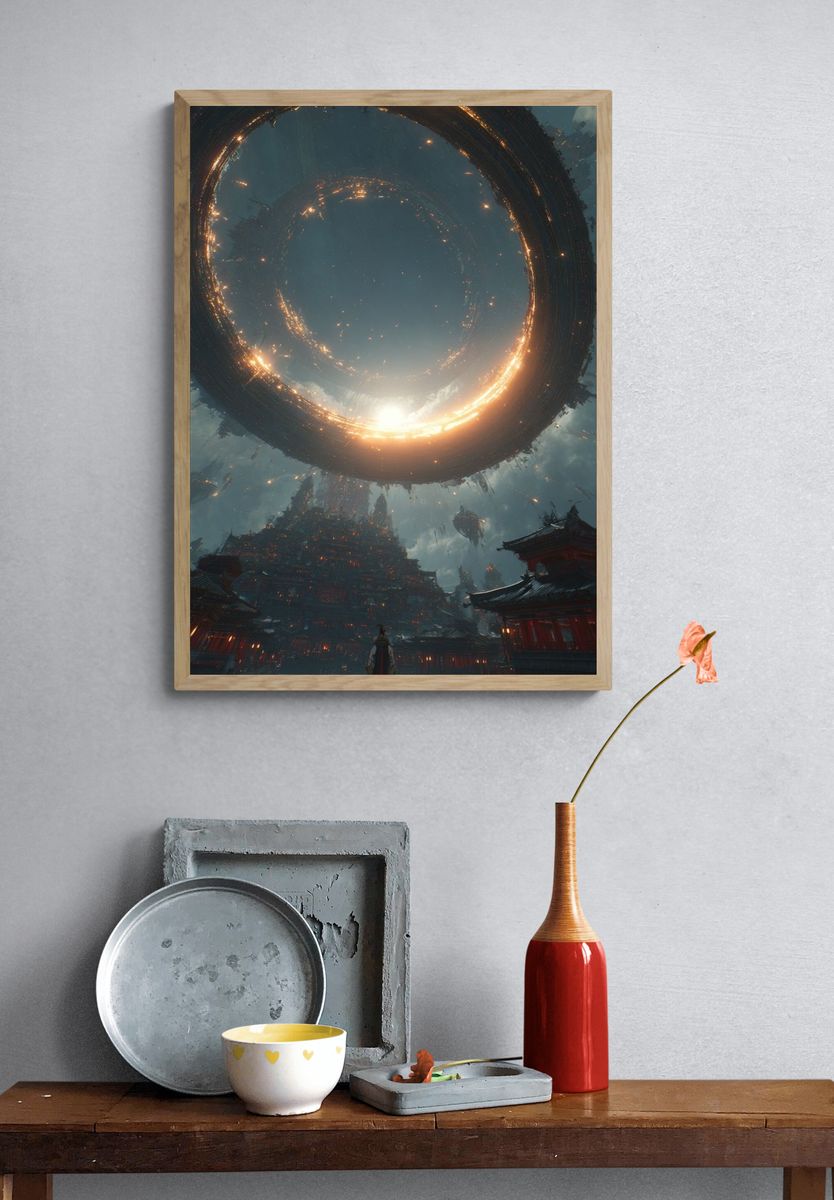 Futuristic Temple with Cosmic Ring — Digital Art Print. — room view 3