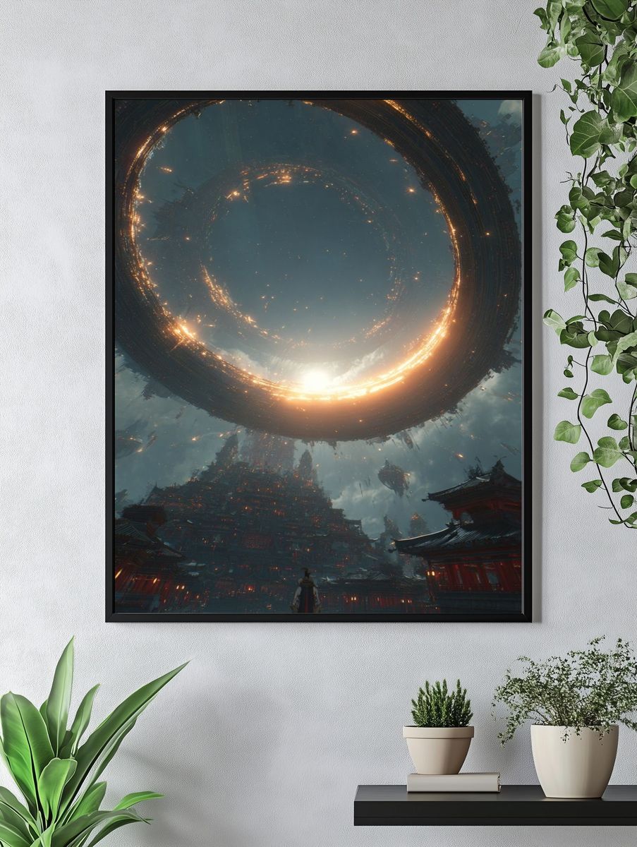 Futuristic Temple with Cosmic Ring — Digital Art Print. — room view 4