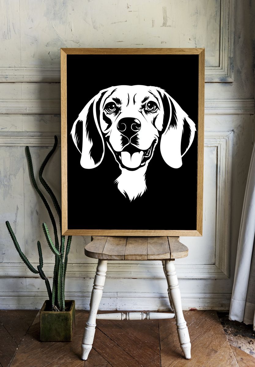 Beagle Portrait Black-White Poster. — room view 1