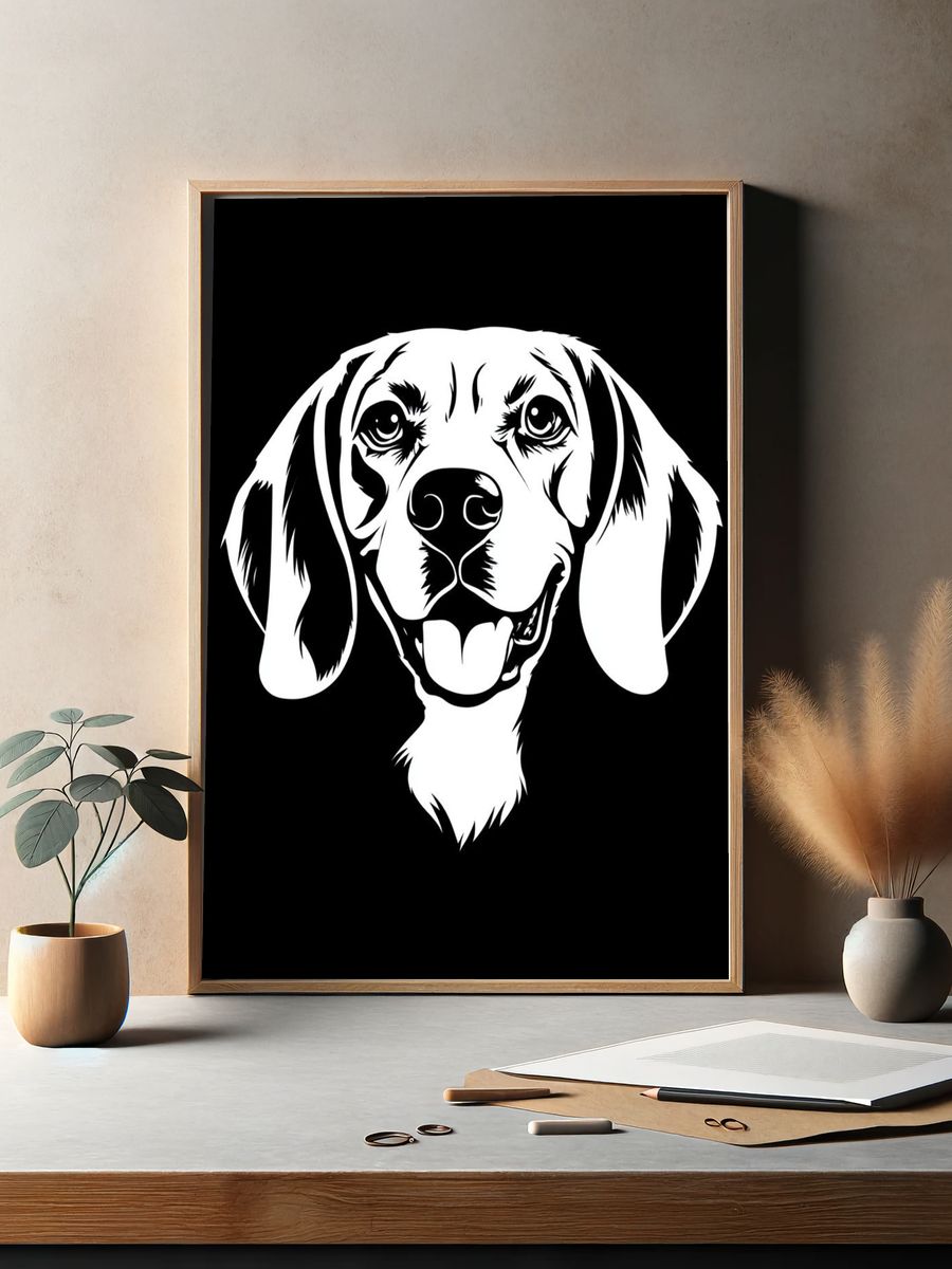Beagle Portrait Black-White Poster. — room view 2