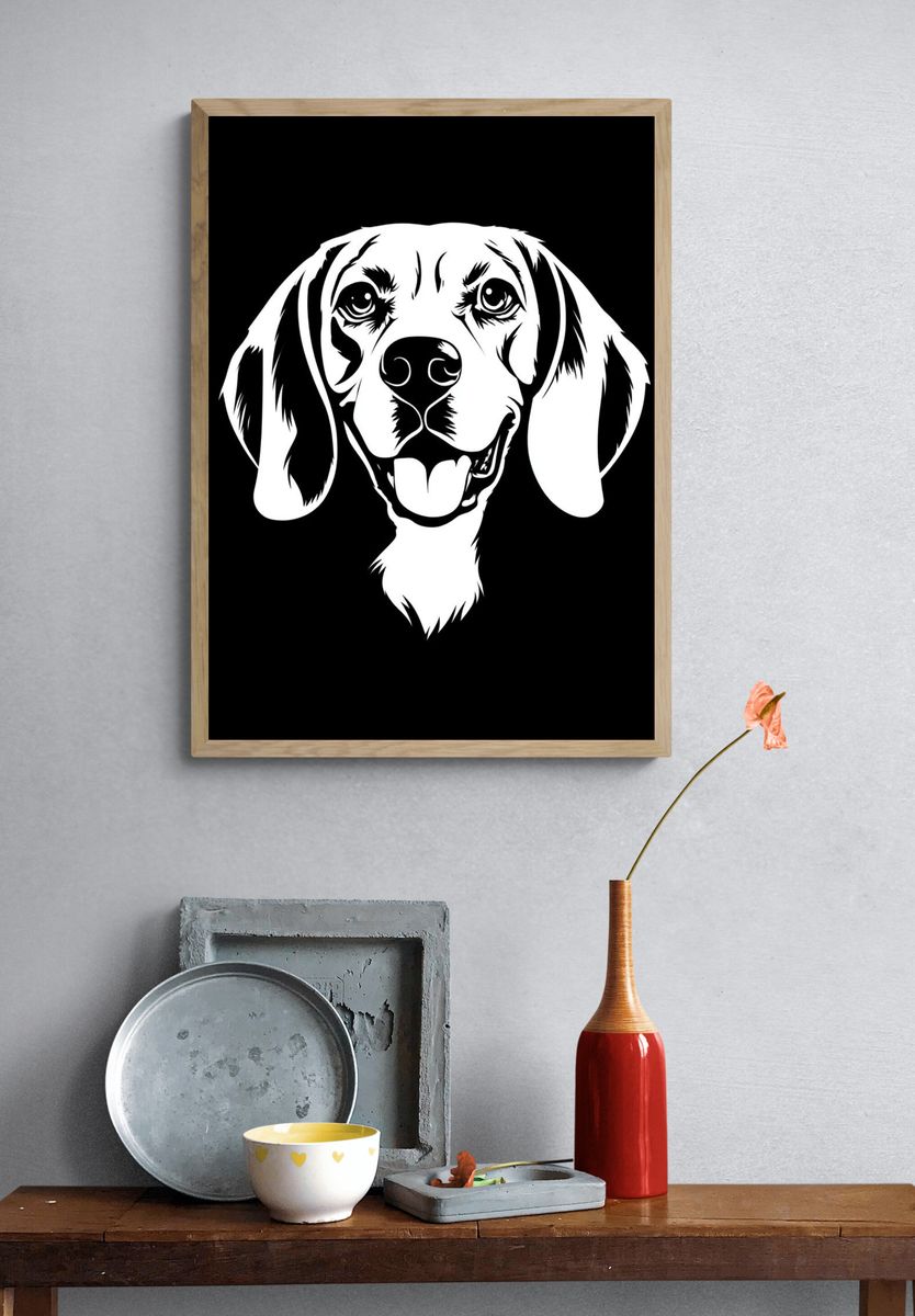 Beagle Portrait Black-White Poster. — room view 3