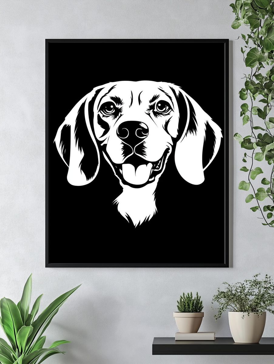Beagle Portrait Black-White Poster. — room view 4