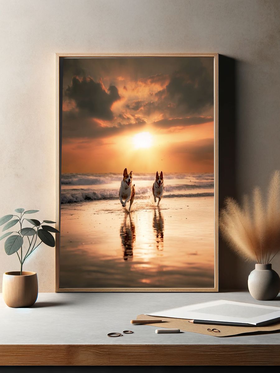 Dogs Running at Sunset Photography Poster. — room view 2