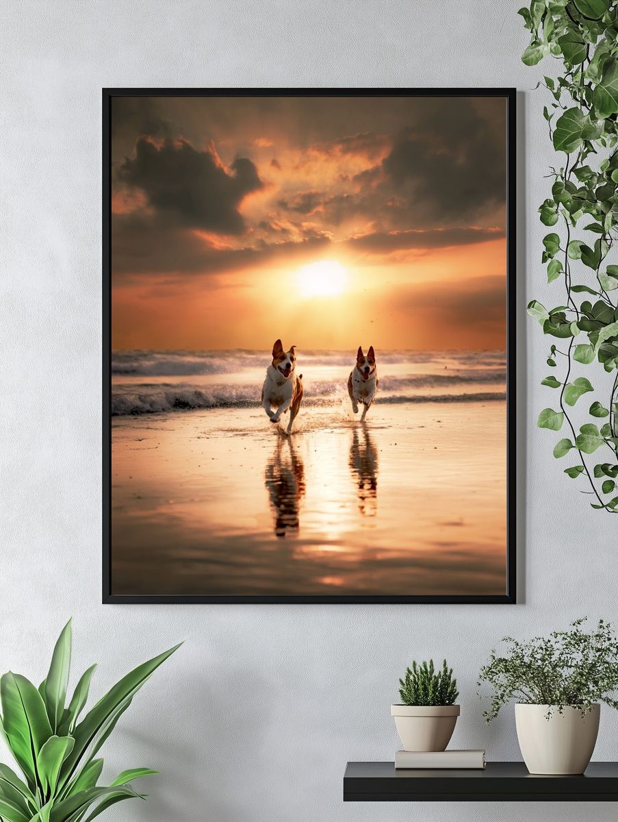 Dogs Running at Sunset Photography Poster. — room view 4