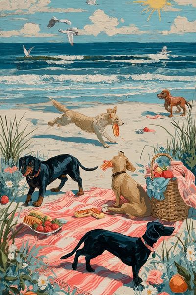 Dogs at the Beach — Illustration Print. poster print