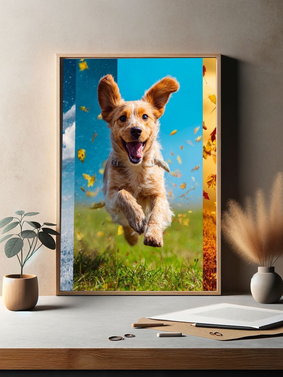 Happy Dog in Four Seasons Poster. — room view 2