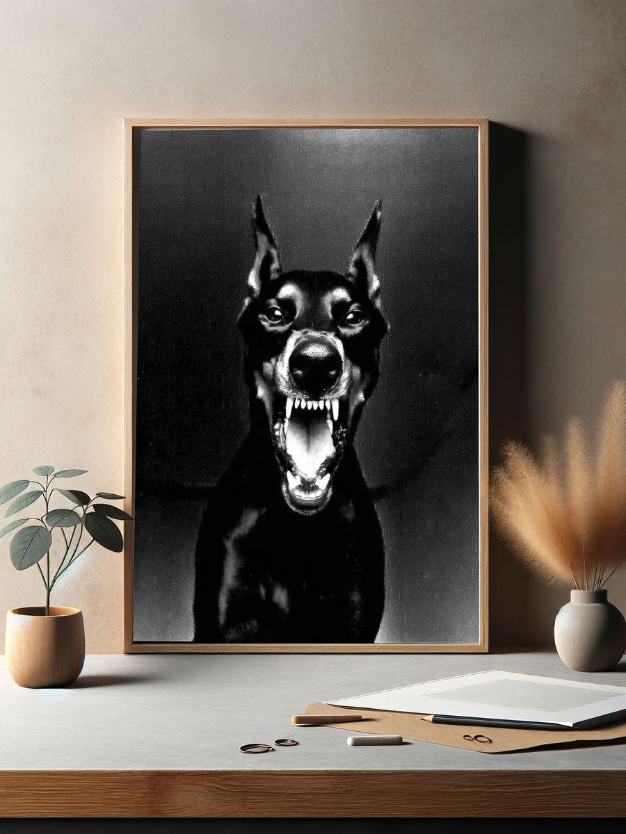 Doberman Portrait Black-White Poster. — room view 2