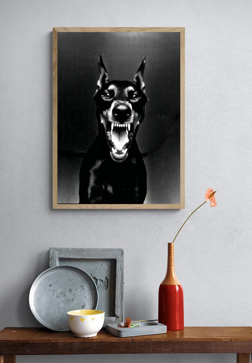 Doberman Portrait Black-White Poster. — room view 3