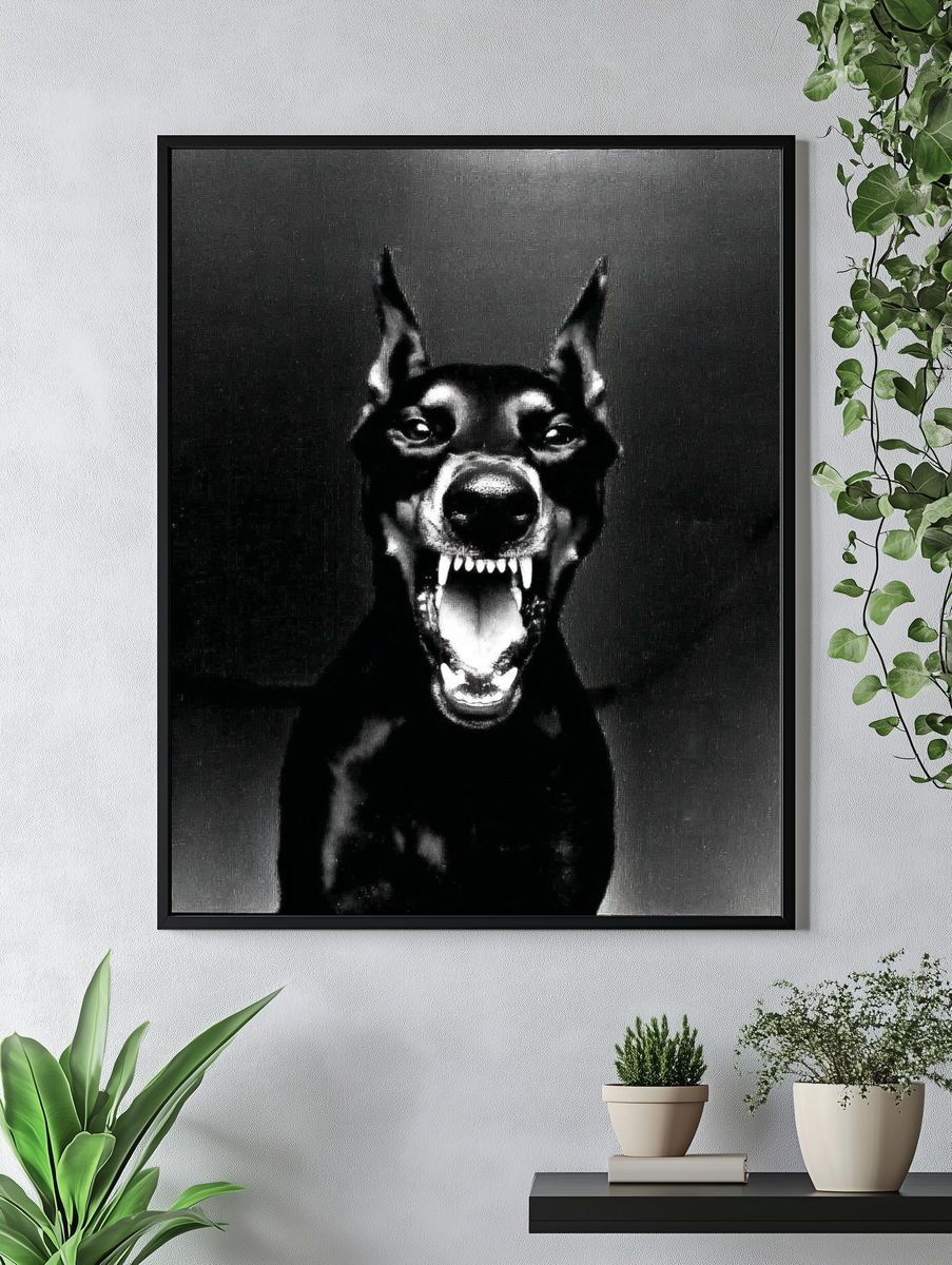 Doberman Portrait Black-White Poster. — room view 4