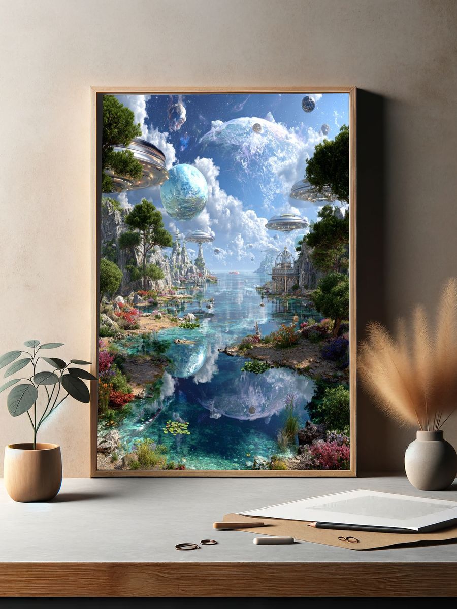Futuristic Landscape with Floating Planets — Digital Art Print. — room view 2