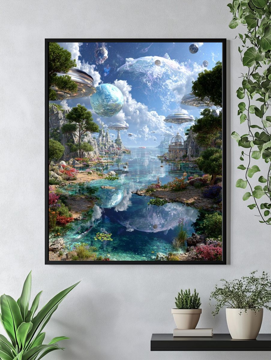 Futuristic Landscape with Floating Planets — Digital Art Print. — room view 4
