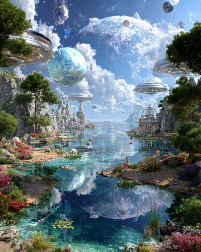 Futuristic Landscape with Floating Planets — Digital Art Print. poster print