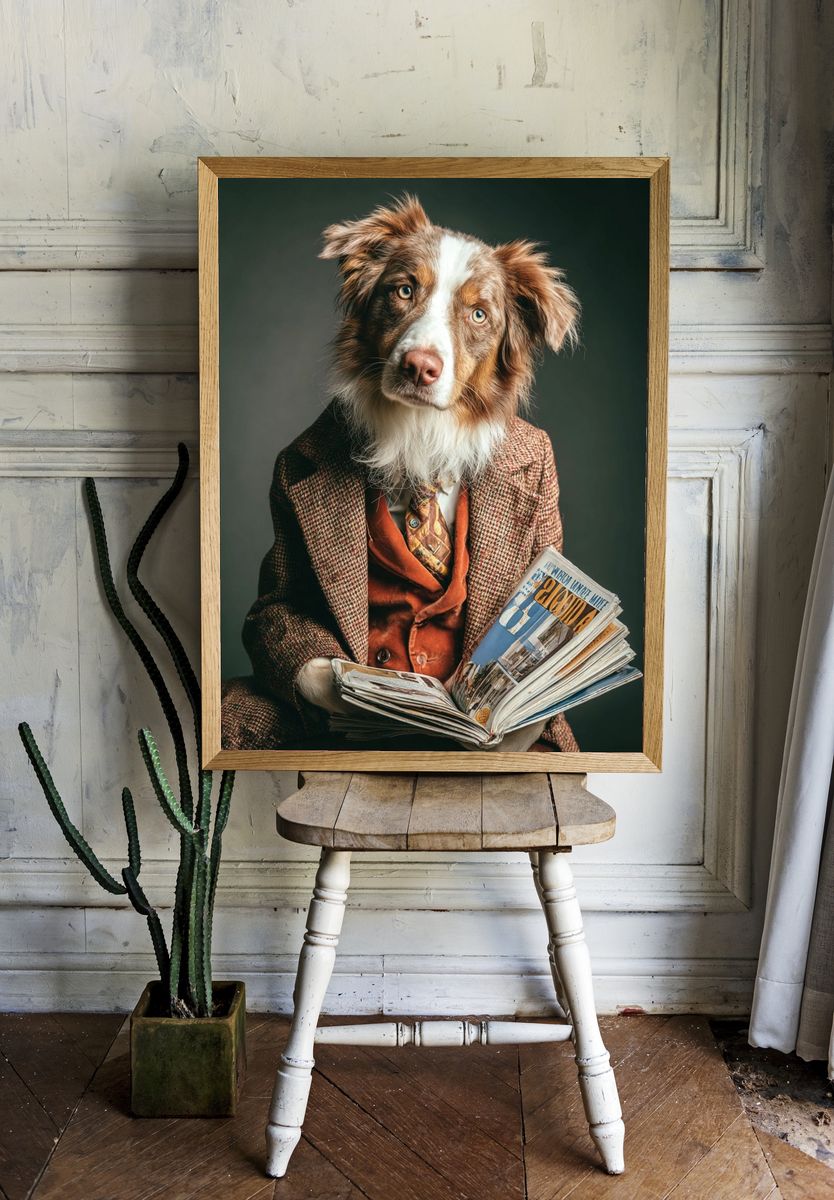 Dapper Dog Reading Newspaper — Funny Print. — room view 1