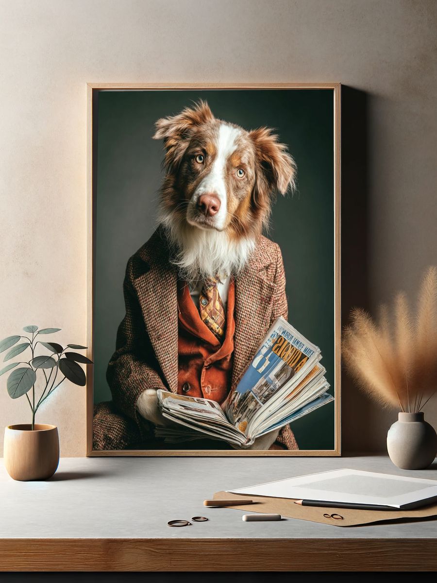 Dapper Dog Reading Newspaper — Funny Print. — room view 2