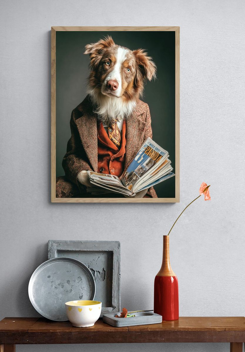 Dapper Dog Reading Newspaper — Funny Print. — room view 3