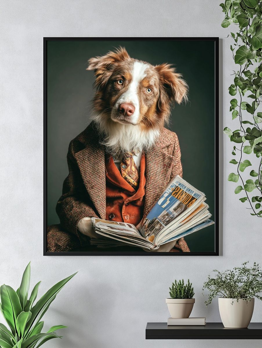Dapper Dog Reading Newspaper — Funny Print. — room view 4