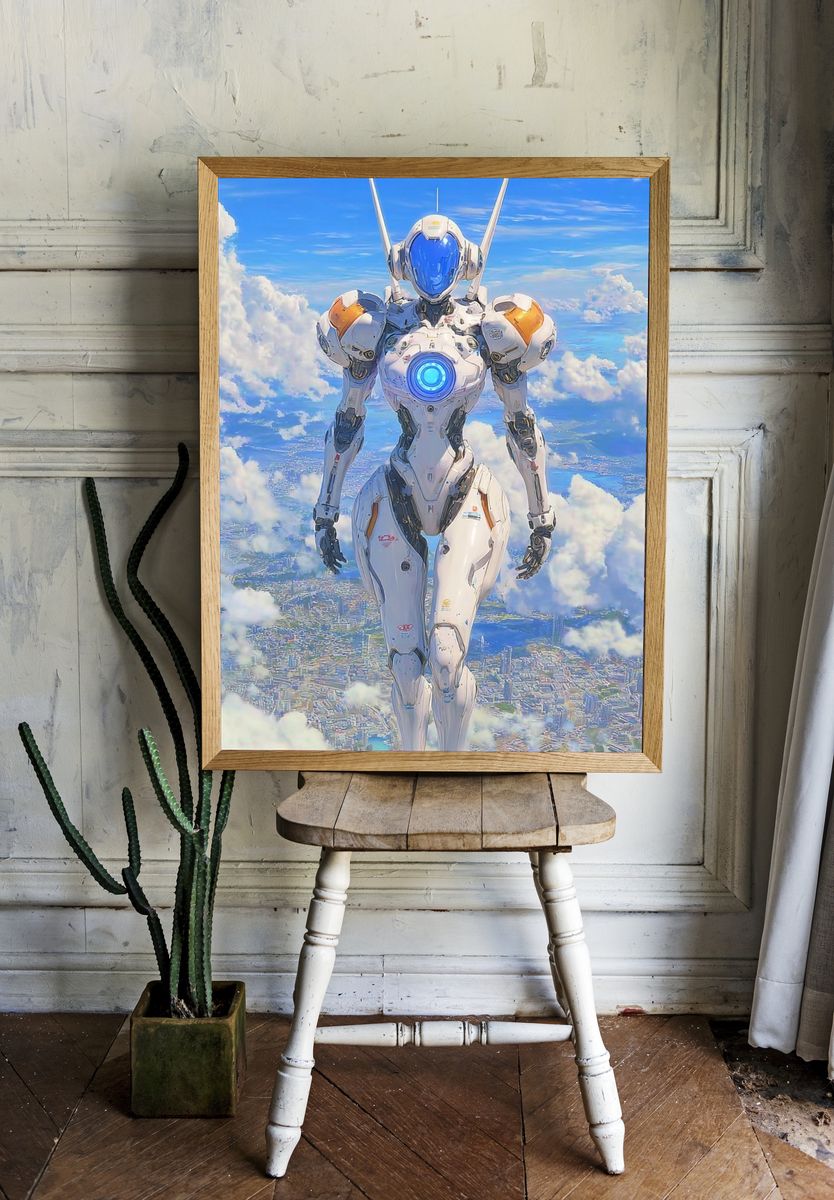 Futuristic Robot in the Sky — Digital Art Print. — room view 1
