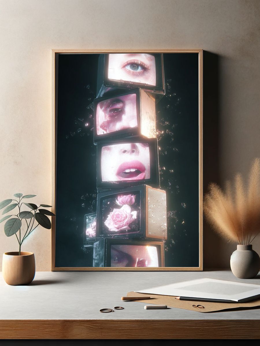 Surreal Faces and Flowers — Digital Art Print. — room view 2