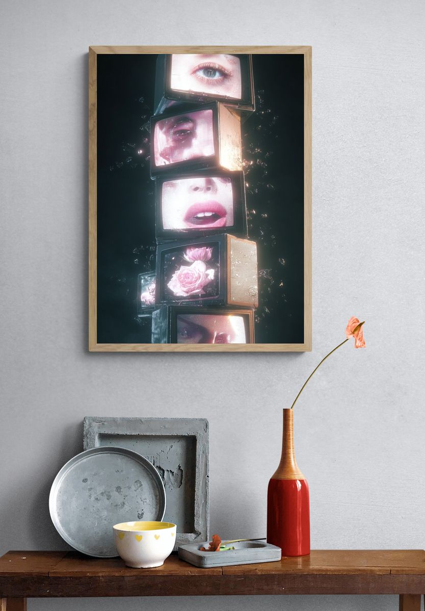 Surreal Faces and Flowers — Digital Art Print. — room view 3