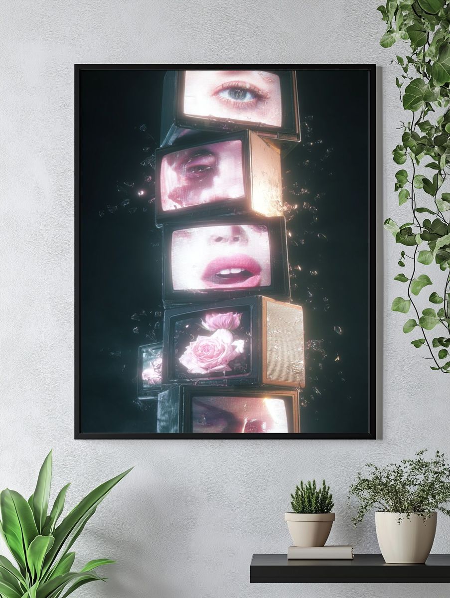Surreal Faces and Flowers — Digital Art Print. — room view 4