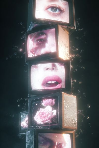 Surreal Faces and Flowers — Digital Art Print. poster