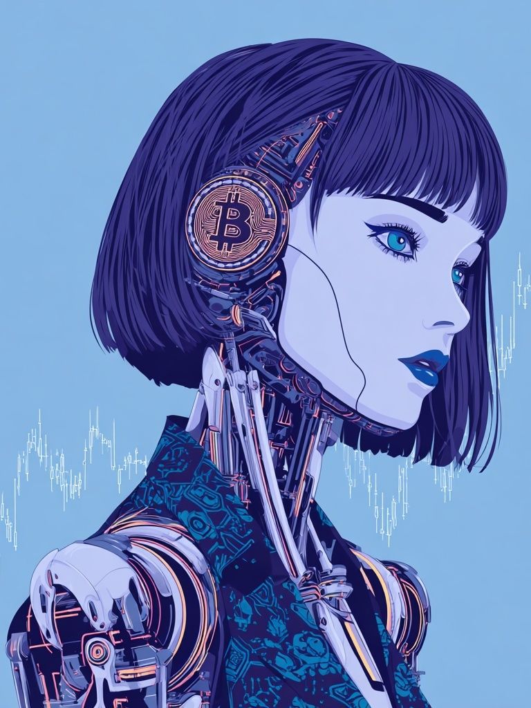 Futuristic Robot with Bitcoin — Digital Art Print. poster detail