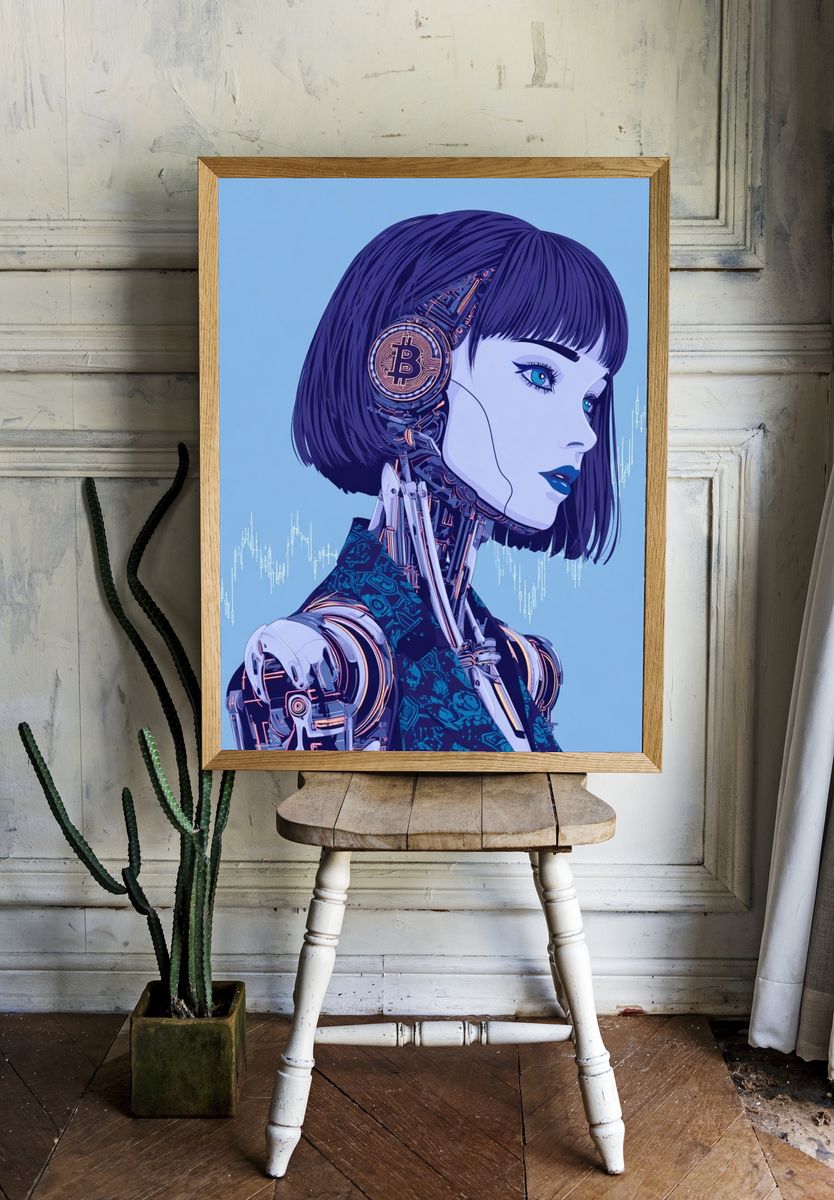 Futuristic Robot with Bitcoin — Digital Art Print. — room view 1