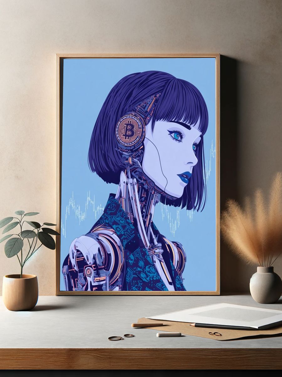 Futuristic Robot with Bitcoin — Digital Art Print. — room view 2