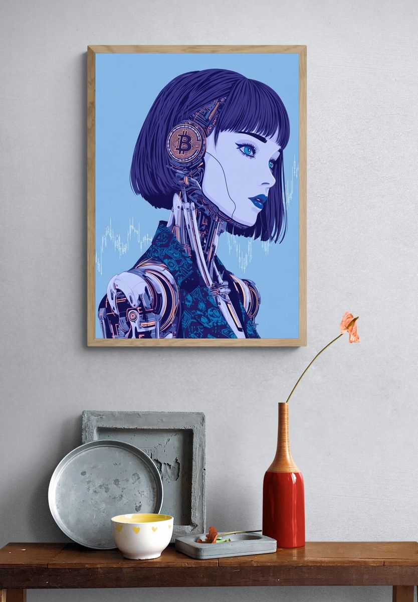 Futuristic Robot with Bitcoin — Digital Art Print. — room view 3