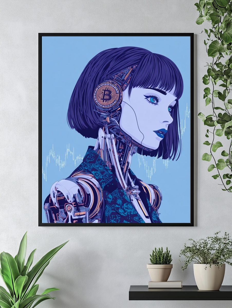 Futuristic Robot with Bitcoin — Digital Art Print. — room view 4