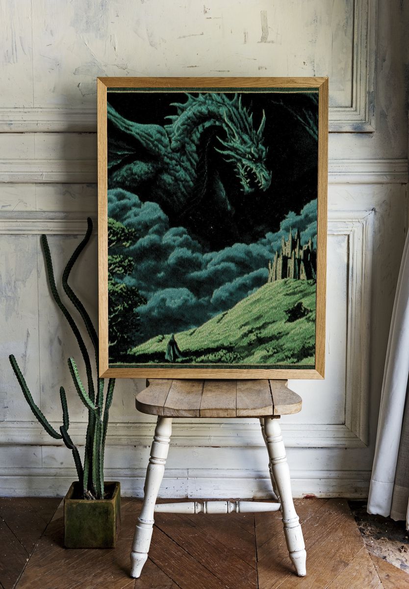 Dragon Over Castle — Fantasy Art Print. — room view 1